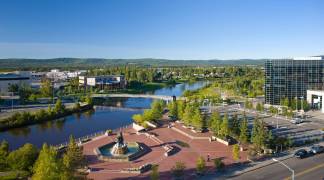 Aerial View Of Downtown Fairbanks And The Golden Heart Park During Summer In Alaska