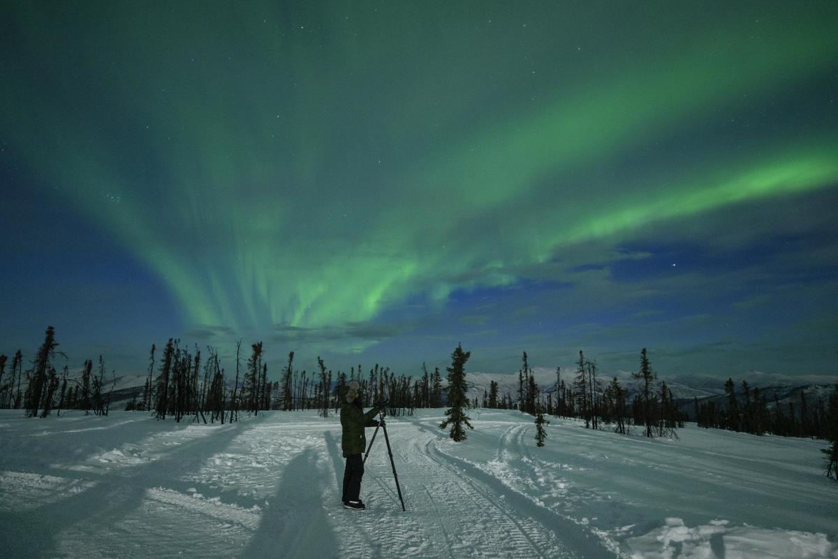 A person with a tripod photographing green bands of the aurora borealis in a snowy field.