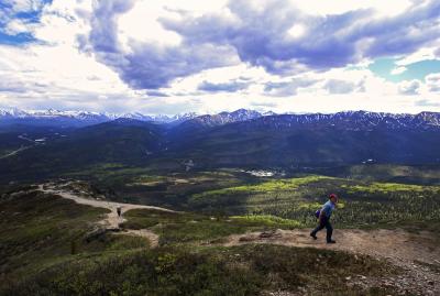 People hiking on a trail in the Alaska Range