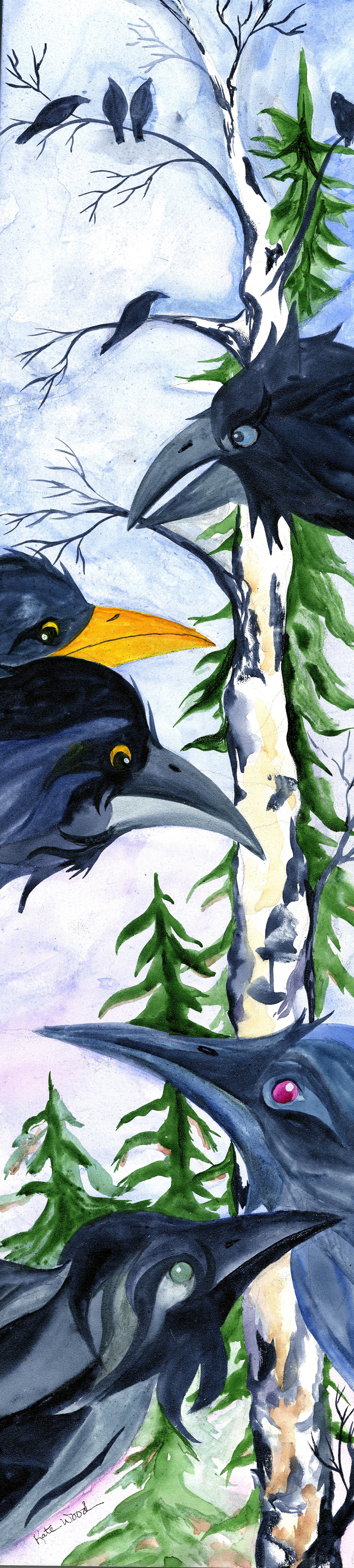 Painting of several ravens roosting in birch and evergreen trees