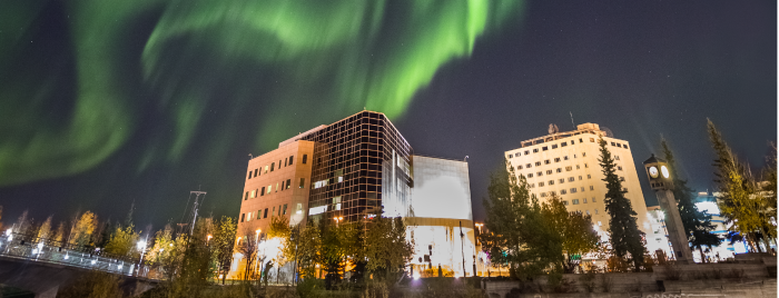 Amy Johnson Aurora over downtown Fairbanks